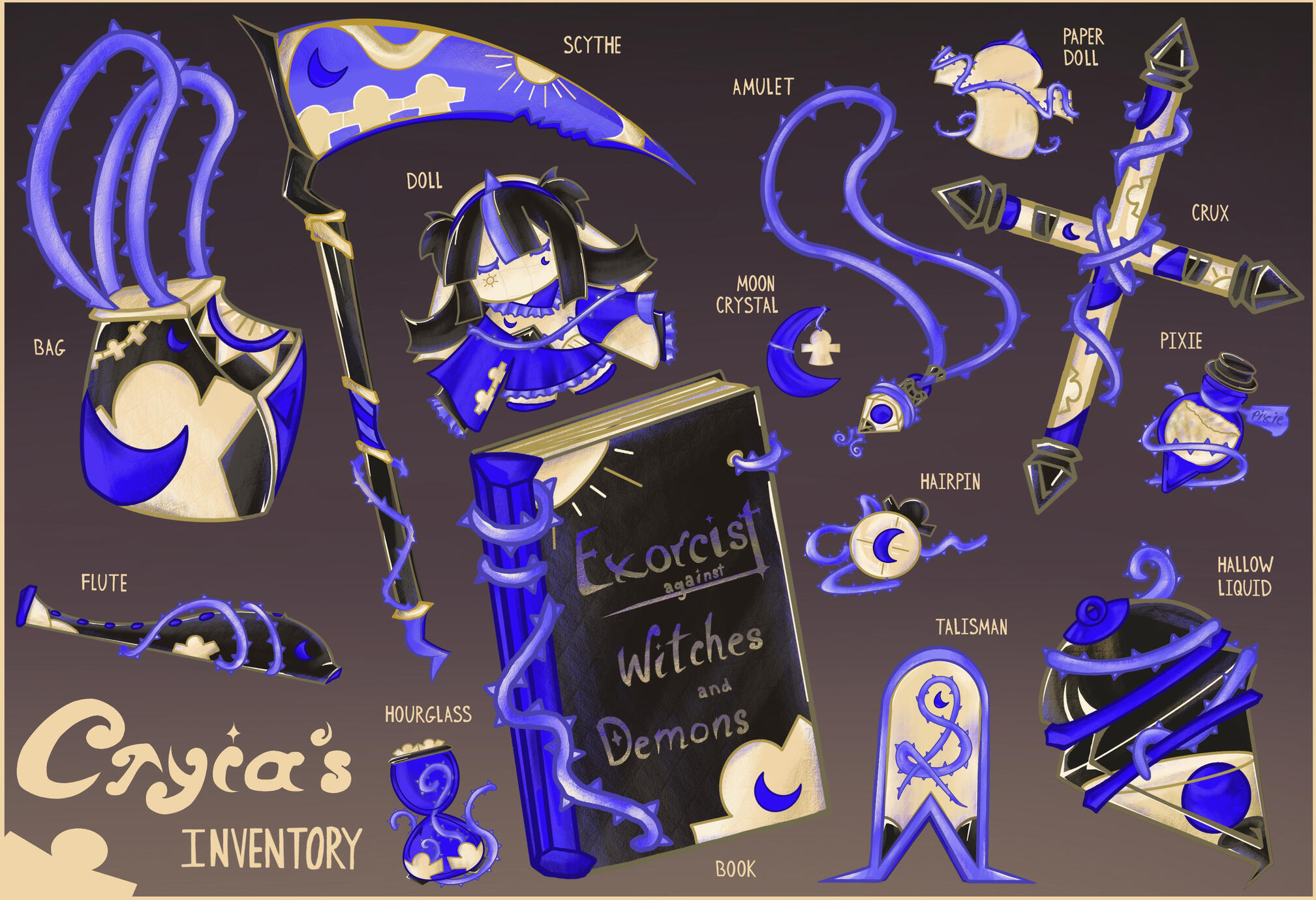 cryia's inventory class project, concept art of items